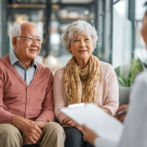 An elderly couple asking their doctor questions about Stem Cell Therapy