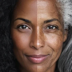 Split image of a Black woman showing half a youthful face and half an aged face, symbolizing anti-aging stem cell therapy results