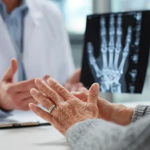 A Stem cell Doctor talking to a patient about her arthritis in her hands