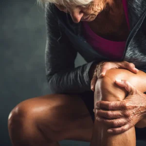 An elderly lady holding her knee because she has osteoarthritis and needs stem cell treatment