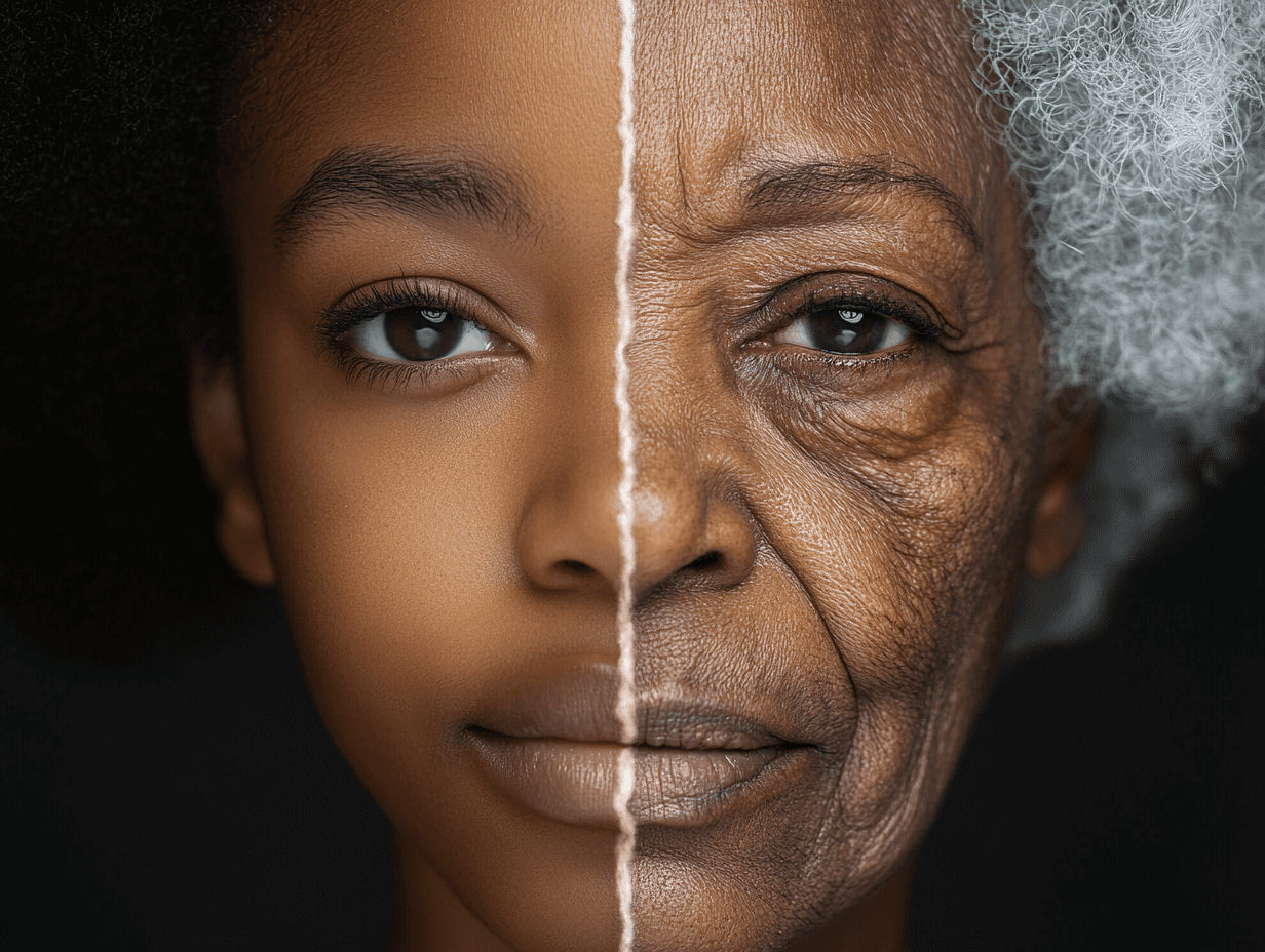 Split image of a Black woman showing half a youthful face and half an aged face, symbolizing anti-aging stem cell therapy results