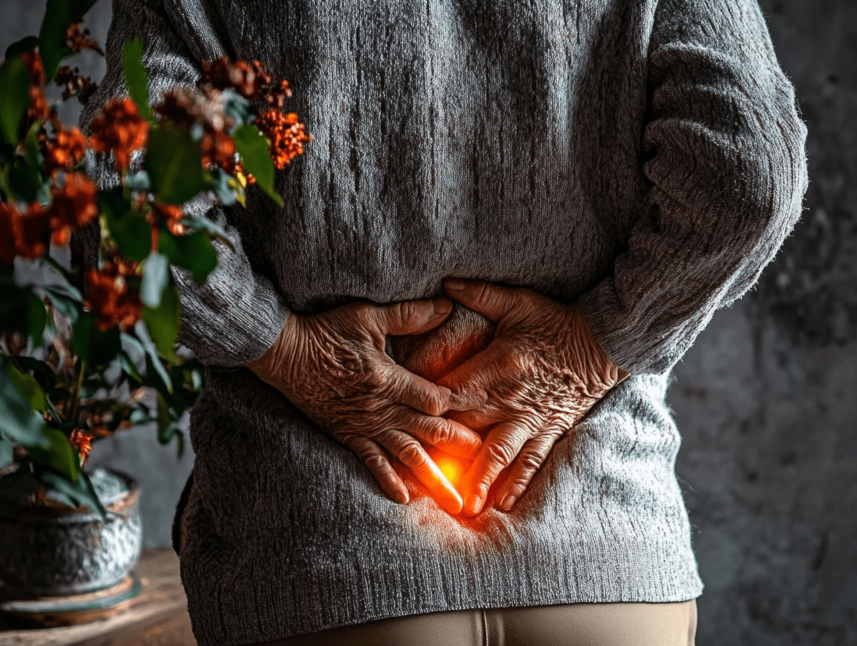 An elderly lady holding her lower back in pain, indicating she needs stem cell treatment for her lower back
