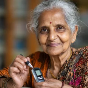 An elderly lady taking a blood sugar test, whilst she waits for her stem cell treatment