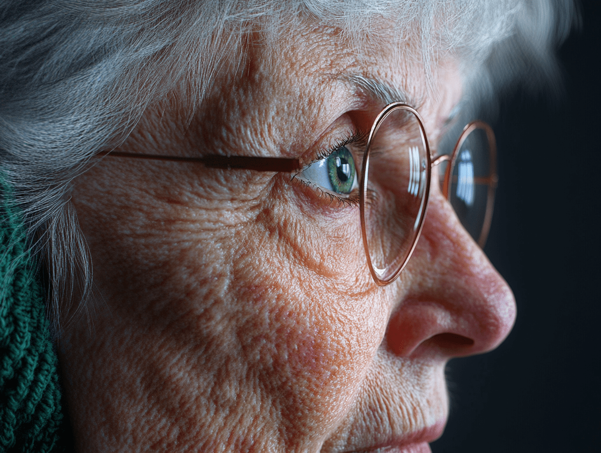 Close-up profile of an elderly woman with glasses, highlighting detailed wrinkles and facial texture, who's suffering from macular degeneration challenges