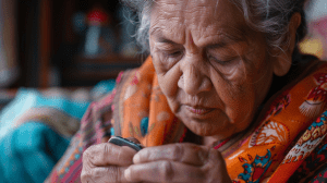 An elderly lady taking a blood sugar test, whilst she waits for her stem cell treatment