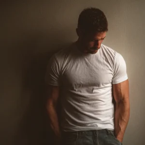 Sad man looking down at his trousers, symbolizing struggles with erectile dysfunction, exploring the effectiveness of stem cell therapy as a potential solution.