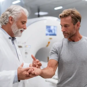 A Stem Cell specialist analysing a patients Tennis elbow before having an MRI