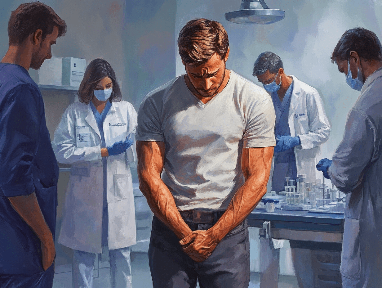 Sad man looking down at his trousers, symbolizing struggles with erectile dysfunction, exploring the effectiveness of stem cell therapy as a potential solution.