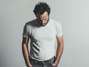 Sad man looking down at his trousers, symbolizing struggles with erectile dysfunction, exploring the effectiveness of stem cell therapy as a potential solution.