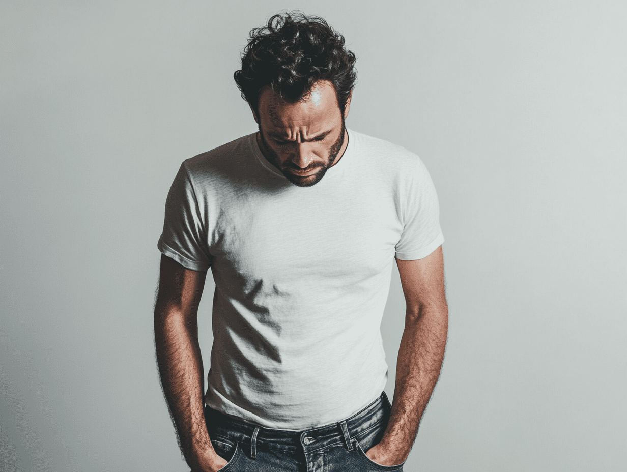 Sad man looking down at his trousers, symbolizing struggles with erectile dysfunction, exploring the effectiveness of stem cell therapy as a potential solution.