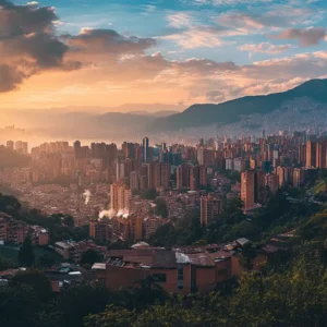 Panoramic view of Medellín, Colombia, showcasing the city's skyline, lush green hills, and vibrant urban landscape at sunset
