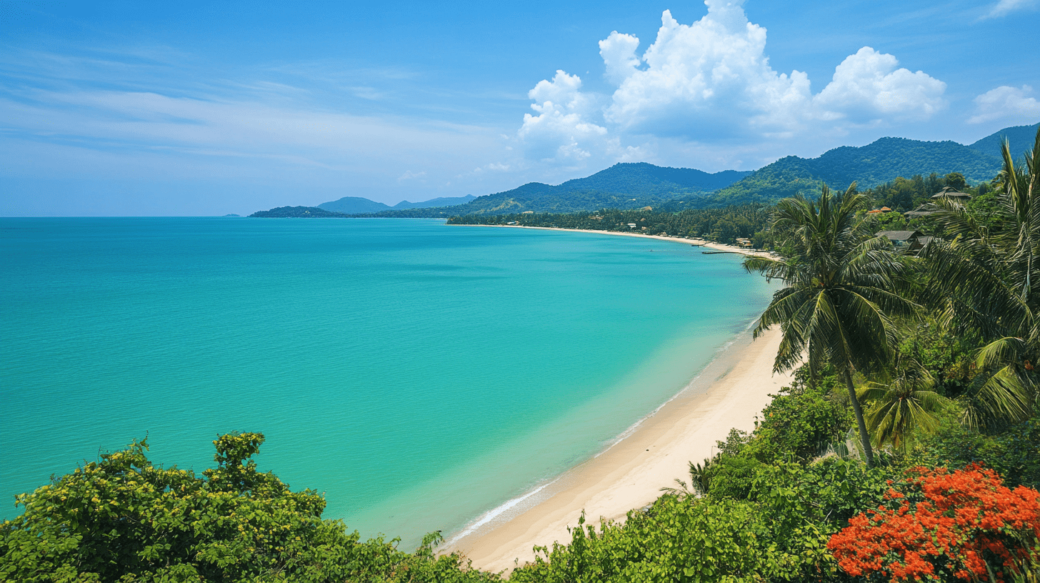 Scenic tropical beach in Thailand with turquoise waters, lush greenery, and blue skies – a perfect destination for relaxation and recovery after stem cell therapy