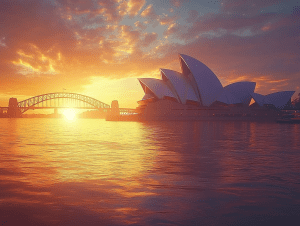 Sydney Opera House at sunset with the Sydney Harbour Bridge in the background, representing Australia’s strict yet evolving approach to stem cell therapy