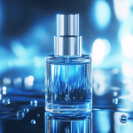 A luxurious skincare serum bottle with a glowing blue liquid, symbolizing advanced stem cell skincare. The futuristic lighting highlights hydration and rejuvenation