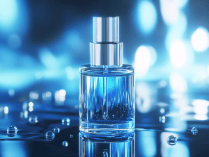 A luxurious skincare serum bottle with a glowing blue liquid, symbolizing advanced stem cell skincare. The futuristic lighting highlights hydration and rejuvenation
