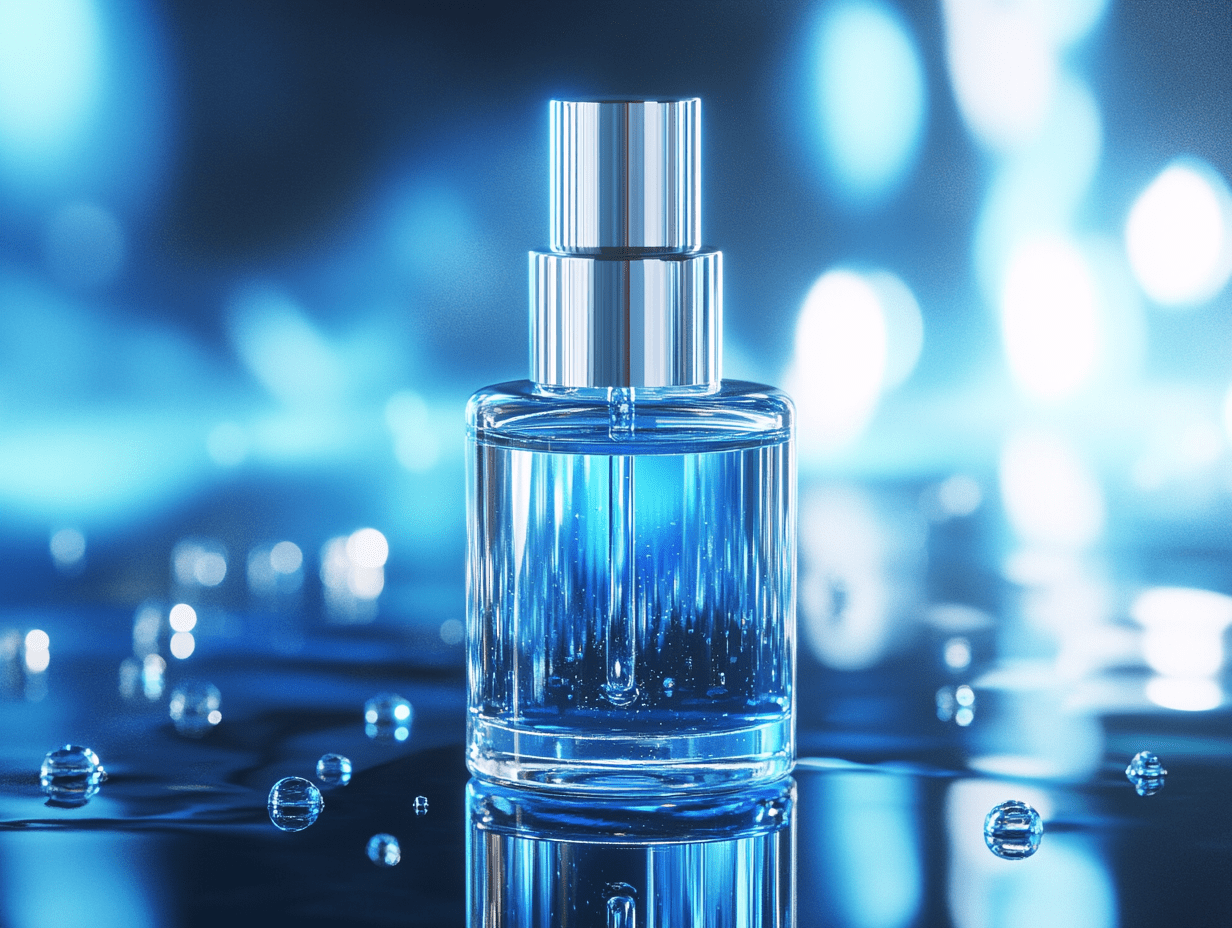 A luxurious skincare serum bottle with a glowing blue liquid, symbolizing advanced stem cell skincare. The futuristic lighting highlights hydration and rejuvenation