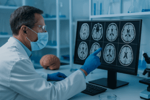 Scientist in a stem cell research lab examining brain scans of someone with PSP on a computer monitor, surrounded by lab equipment and a digital 3D brain model.