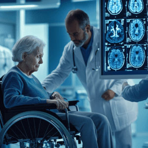An elderly lady with Progressive Supranuclear Palsy looking at brain scans with her husband & Doctor