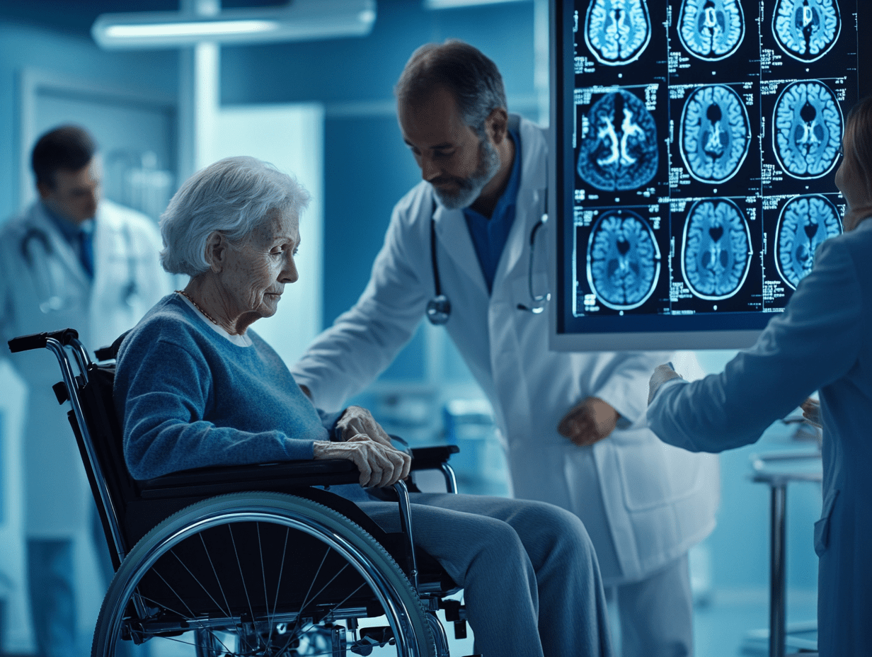 An elderly lady with Progressive Supranuclear Palsy looking at brain scans with her husband & Doctor