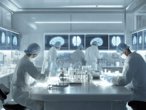 Medical researchers analyzing brain scans and stem cell samples in a laboratory during Alzheimer’s research.