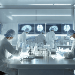 Medical researchers analyzing brain scans and stem cell samples in a laboratory during Alzheimer’s research.