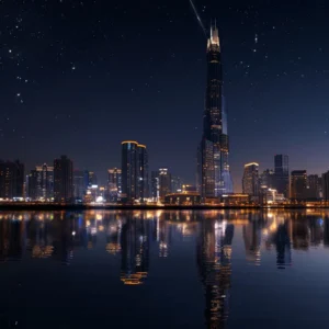 Nighttime view of Seoul’s skyline reflected on the Han River, with city lights and Lotte World Tower under a starry sky.