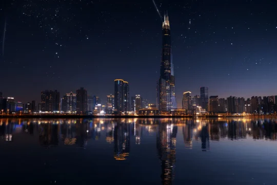 Nighttime view of Seoul’s skyline reflected on the Han River, with city lights and Lotte World Tower under a starry sky.
