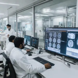 Medical researchers in a neuroscience lab analyzing stem cell samples with brain scans on screen.