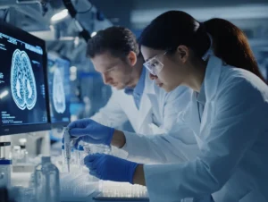 Medical researchers in a neuroscience lab analyzing stem cell samples with brain scans on screen.