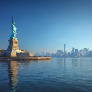 Statue of Liberty standing tall with the New York City skyline and One World Trade Center in the background, reflected in the calm waters of the harbor on a clear morning."