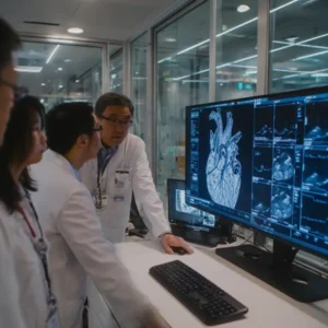 Stem Cell researchers analysing heart ultrasounds from patients in a Heart Failure Stem Cell Trial