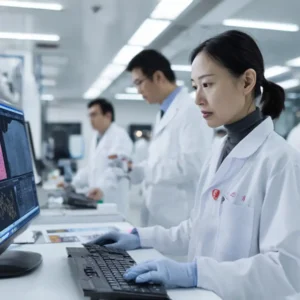 Stem cell researchers analyzing blood markers and ultrasound scans in a modern laboratory for rheumatoid arthritis treatment