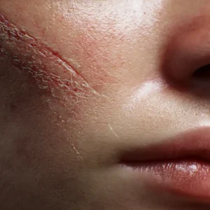 Close-up of a person's cheek showing faint facial scarring and improved skin texture, illustrating the potential impact of stem cell therapy on scar healing and skin regeneration.