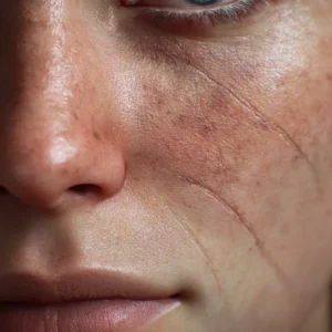 Close-up of a person's cheek showing faint facial scarring and improved skin texture, illustrating the potential impact of stem cell therapy on scar healing and skin regeneration.