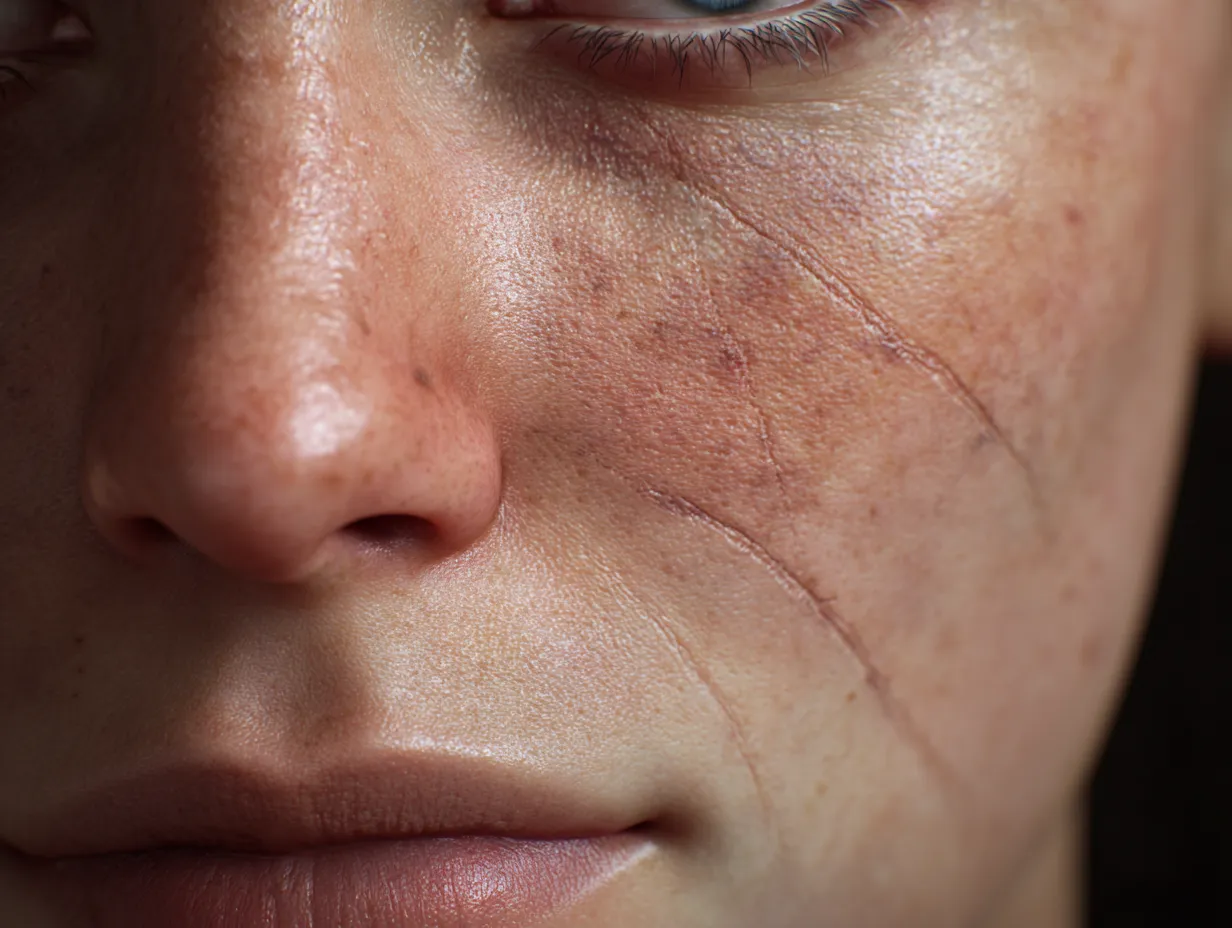 Close-up of a person's cheek showing faint facial scarring and improved skin texture, illustrating the potential impact of stem cell therapy on scar healing and skin regeneration.