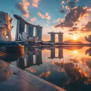 Sunrise view of Singapore's Marina Bay with the Merlion, Marina Bay Sands, and ArtScience Museum reflecting on the water