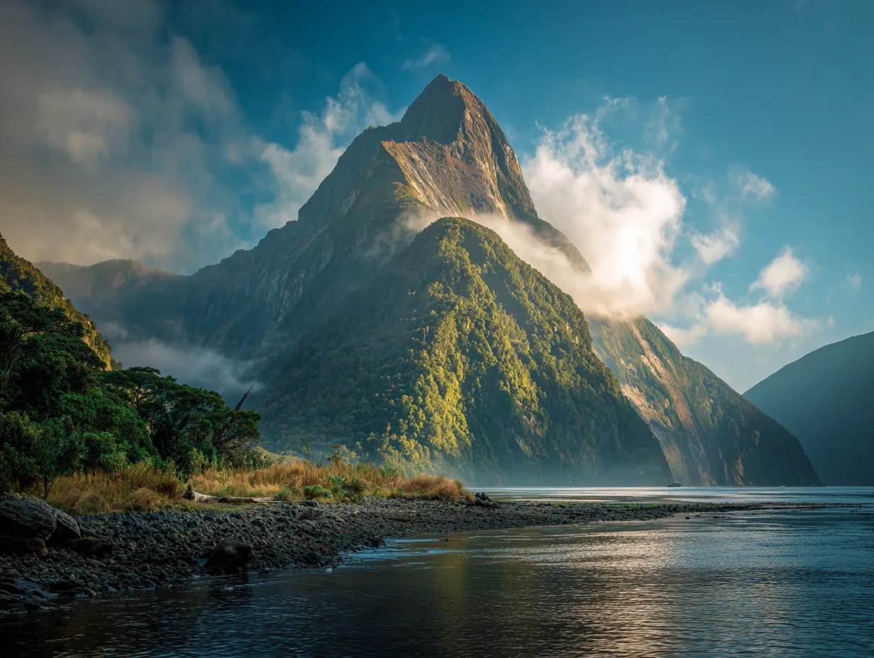 Mitre Peak reflecting in the calm waters of Milford Sound at sunrise, with mist and lush green cliffs in the background.