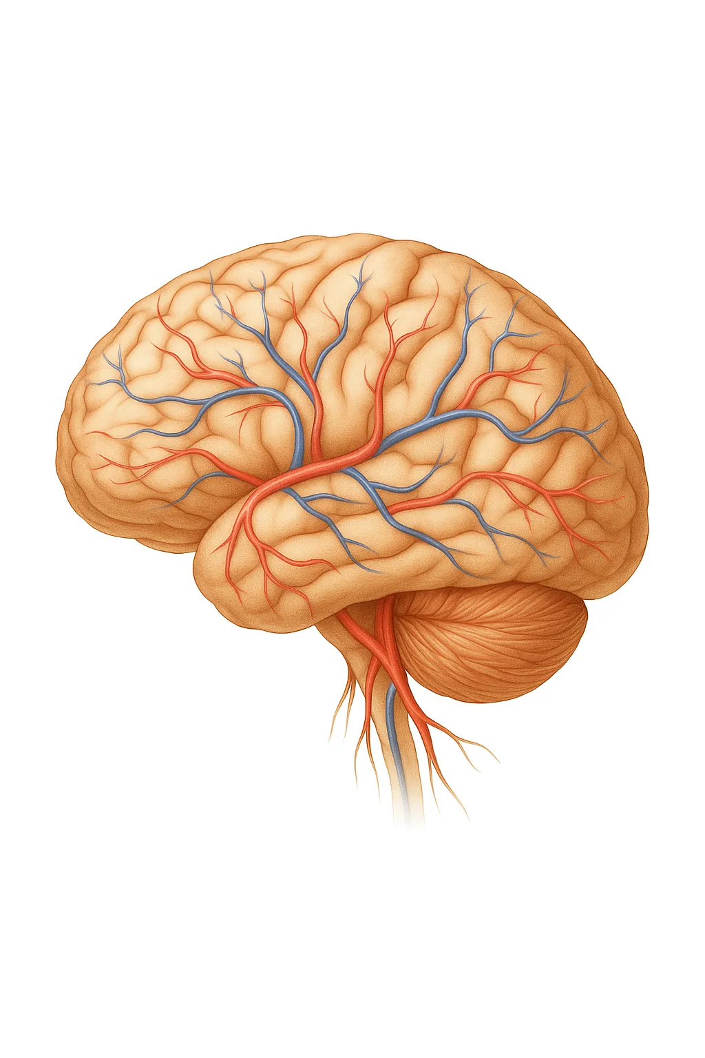 Realistic medical illustration of a human brain highlighting blocked blood vessels, representing neurovascular conditions like stroke or aneurysm