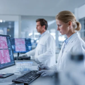 Stem cell researchers analyzing blood markers and ultrasound scans in a modern laboratory for rheumatoid arthritis treatment