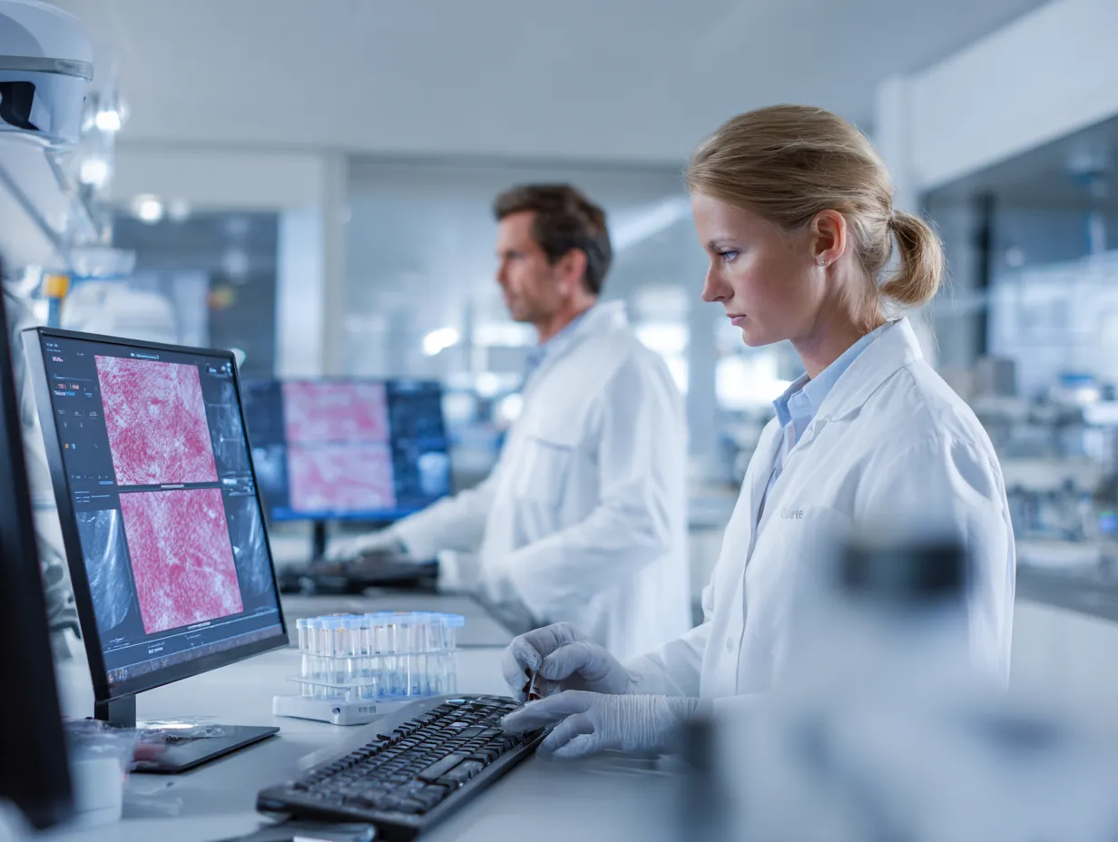 Stem cell researchers analyzing blood markers and ultrasound scans in a modern laboratory for rheumatoid arthritis treatment