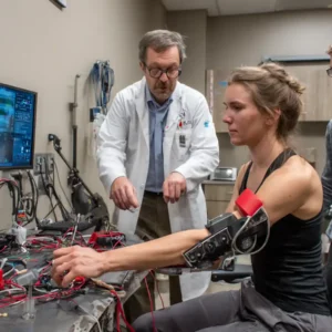 Researchers observe a patient performing an arm movement test with red blocks, one of the ways clinical trials measure recovery after stem cell therapy for traumatic brain injury