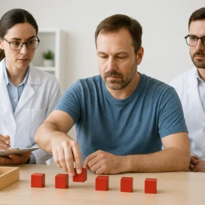 Researchers observe a patient performing an arm movement test with red blocks, one of the ways clinical trials measure recovery after stem cell therapy for traumatic brain injury
