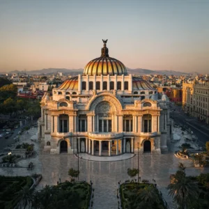 Palacio de Bellas Artes in Mexico City at golden hour, iconic landmark symbolizing Mexico as a destination for Stem Cell Treatments