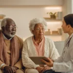 Elderly couple asking questions to a doctor during a consultation about stem cell therapy terminology.