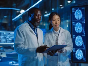 researchers reviewing brain MRI scans and blood test results during a study on stem cell therapy for depression in a modern laboratory