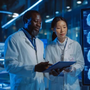 researchers reviewing brain MRI scans and blood test results during a study on stem cell therapy for depression in a modern laboratory