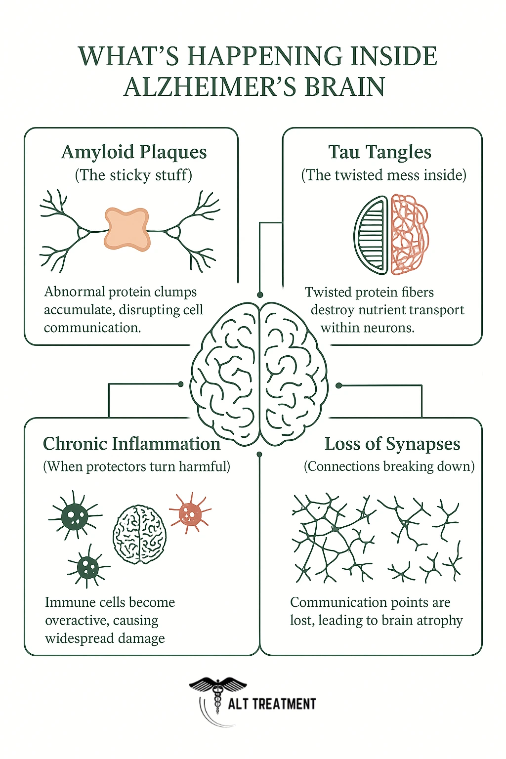 An infographic showing the four main factors of Alzheimer's Disease: amyloid plaques, tau tangles, chronic inflammation, and loss of synapses.