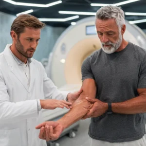 A Stem Cell specialist analysing a patients Tennis elbow before having an MRI