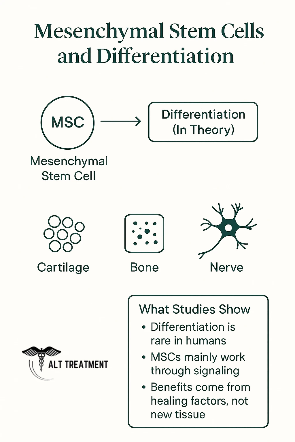 An infographic explaining how Mesenchymal Stem Cells theoretically differentiate into cartilage, bone, and nerve cells, but in reality, primarily work through signaling.