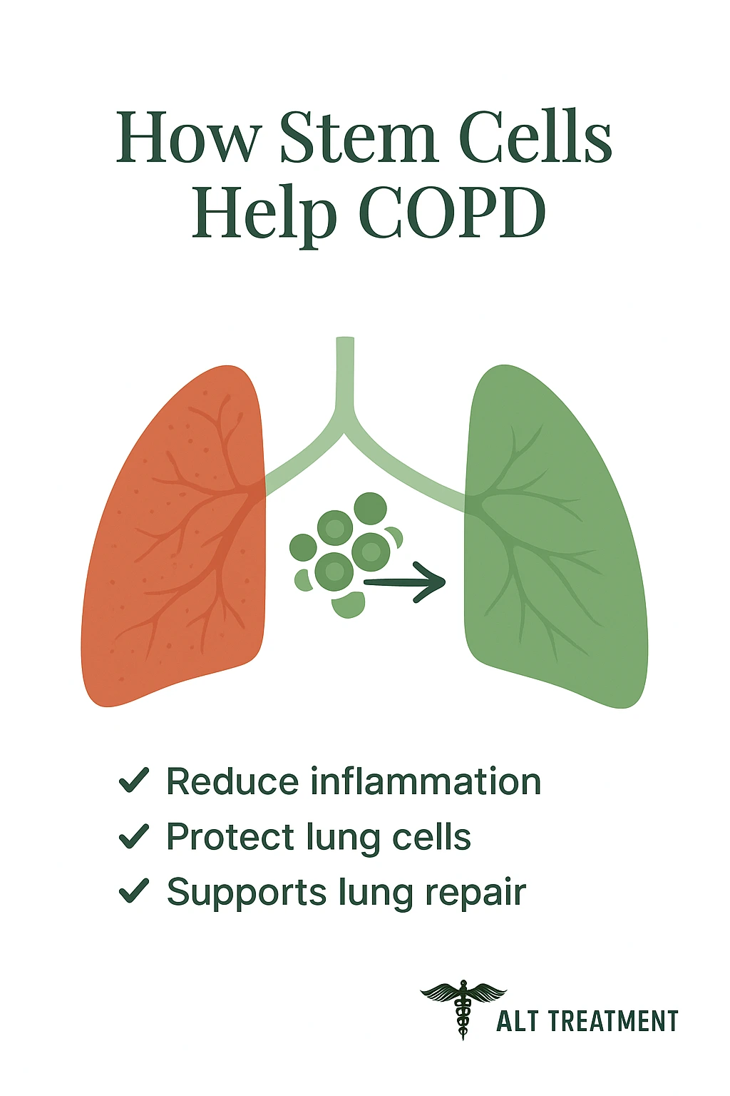 A medical illustration showing stem cells reducing inflammation in human lungs.